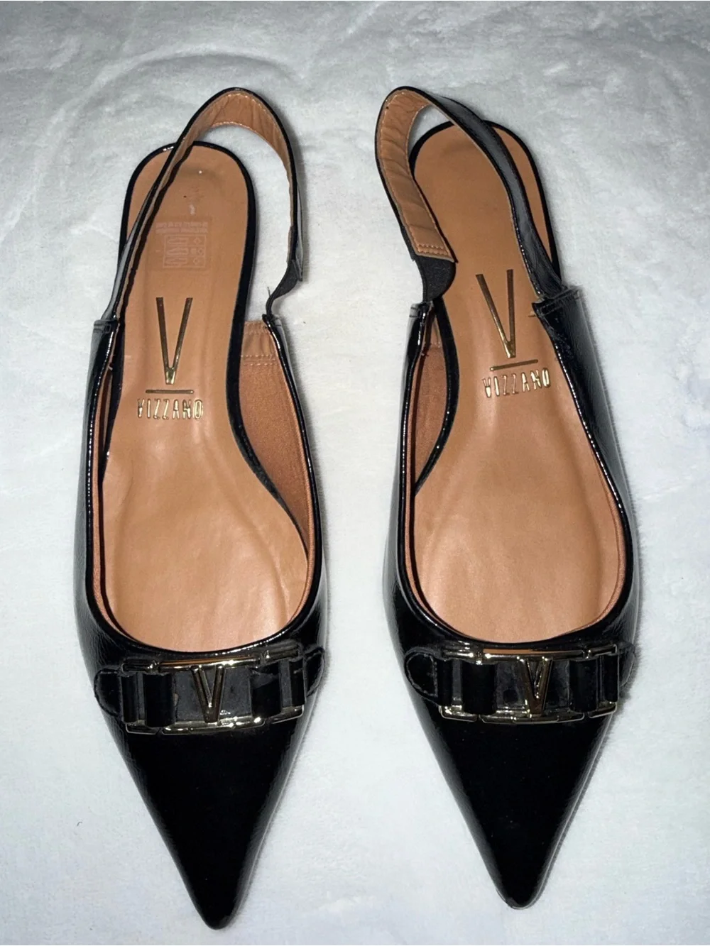 Vizzano Black Patent Pointed-Toe Slingback Flats with V Buckle